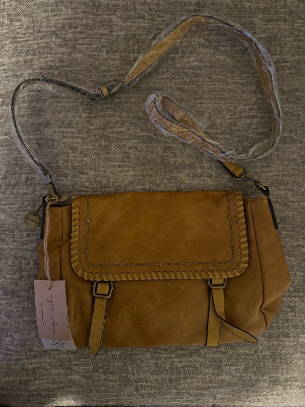 Women's Tan Crossbody Messenger Bag with Whipstitch Flap
